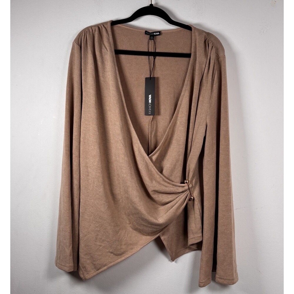 NWT Fashion Nova Tan Wrap Drape Top Long Sleeve Asymmetrical Blouse 2X